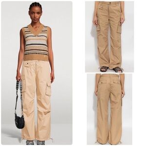 GANNI Twill Camel Cargo Pants Drawstring Hem High Rise Sz 34/US2 Organic Cotton